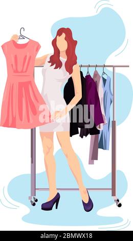 Mädchen mit Kleidung hält EINEN Kleiderbügel mit EINEM Kleid Vektor-Illustration aus der Shopping-Sammlung. Flache Cartoon-Illustration isoliert auf weiß Stock Vektor