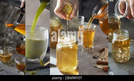 Food Collage von Fotos von heißen Wintergetränken. Tee, Latte, Kaffee Stockfoto