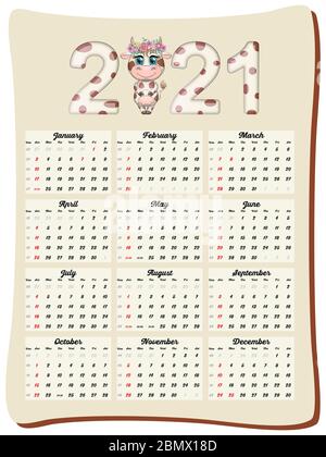 2021 Jahreskalender 12 Monate, Kalendervorlage in vertikaler Ausrichtung mit schöner Aufschrift 2021 mit dem Symbol der Jahreskuh, Stier. Stock Vektor