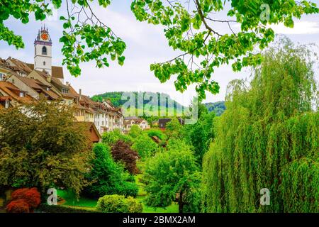 Panoramablick auf die Altstadt Aarau und die umliegende Landschaft, Kanton Aargau, Schweiz. Stockfoto