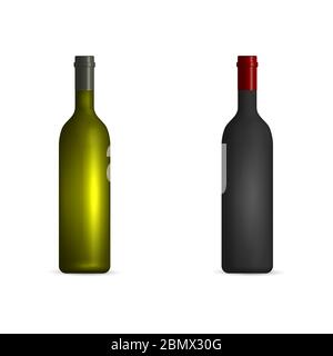 Fotorealistische Flaschen Rot- und Weißwein. Vorderansicht, Vektorgrafik. Stock Vektor