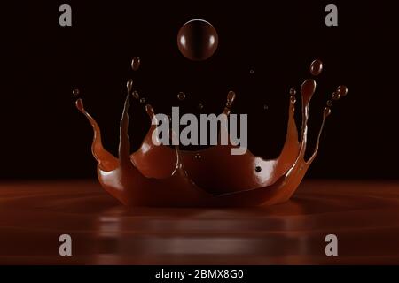 Flüssiger Schokoladenkronenspritzer. In einem flüssigen Schokoladenpool. Mit kreisförmigen Wellen. 3D-Darstellung Stockfoto