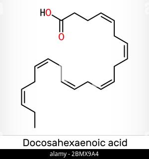 Docosahexaensäure, DHA, doconexent, Gebärmuttersäure-Molekül. Es ist Omega-3-Fettsäuren. Chemische Formel des Skeletts. Abbildung Stockfoto