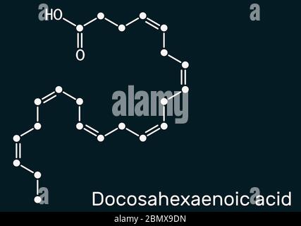 Docosahexaensäure, DHA, doconexent, Gebärmuttersäure-Molekül. Es ist Omega-3-Fettsäuren. Skelett chemische Formel auf dem dunkelblauen Hintergrund. Illust Stockfoto