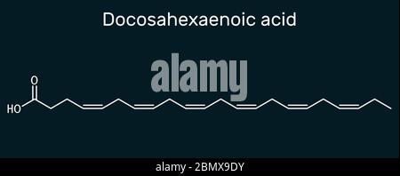 Docosahexaensäure, DHA, doconexent, Gebärmuttersäure-Molekül. Es ist Omega-3-Fettsäuren. Skelett chemische Formel auf dem dunkelblauen Hintergrund. Illust Stockfoto