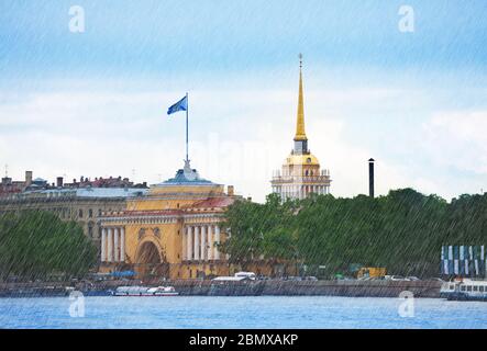 Admiralteistvo Gebäude aus dem Fluss Neva, ehemaliger Sitz der Admiralitätsbehörde und der kaiserlichen russischen Marine Sankt Petersburg Stockfoto