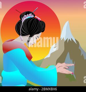 Geisha zeigt mit Händen und lädt ein Willkommen in Japan. Vektor Illustration Poster Geisha und Natur Japan Hintergrund mit Sonnenuntergang und Berg. Stock Vektor