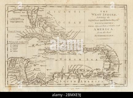 Westindien… Englisch, Französisch, Spanisch, Niederländisch & Dänische Siedlungen BOWEN 1789 Karte Stockfoto