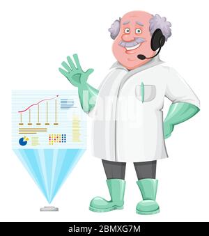 Professor Cartoon-Figur steht in der Nähe holographischen Projektion. Verwendbar auch als Wissenschaftler, Chemiker, Laborant, Erfinder, Lehrer etc. Vect Stock Vektor