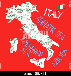 Vektor Hand gezeichnet stilisierte Karte der Italienischen Republik. Reisedarstellung von Provinzen und Städten Italiens. Handgezeichnete Beschriftung. Europa mittel Stock Vektor