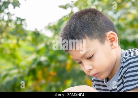 Porträt der asiatischen Jungen spielen Handys im Park. Stockfoto