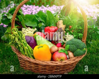 Farbenfrohe und appetitliche Gemüse und Früchte in einem schönen altmodischen Korb im Garten, mit Gras und Blumen im Hintergrund Stockfoto