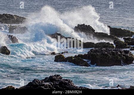 Wellen brechen auf vulkanischen Felsen in der Brandung auf der Landzunge Ponta Temerosa auf der Insel Santiago, Kap Verde / Cabo Verde Stockfoto