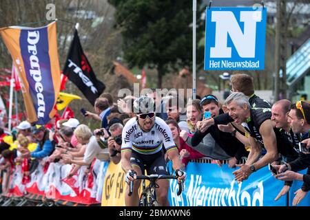 2016 Flandern-Rundfahrt 3. April. Peter Sagan von (Tinkoff) führt das Rennen bei der 100. Tour of in die Endbesteigung des Paterbergs Stockfoto