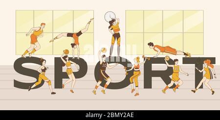 Vorlage für Sport-Banner. Junge glückliche Männer und Frauen in Sportanzügen tun Sport-Übungen, Fitness-Training, Sport-Spiele spielen Vektor Cartoon skizzieren Illustration. Poster im Fitnessclub-Design. Stock Vektor