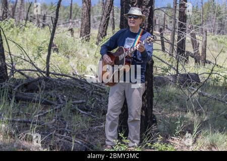 Mann, der Gitarre spielt, im Freien, im Grasfeld stehend, mit blauem Himmel und Wolken. Stockfoto