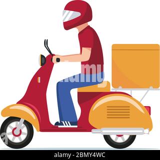 Lieferung von Lebensmitteln auf einem Roller. Vektor Illustration Cartoon Charakter Kurier Mann im Helm trägt Container-Box. Service schnelle Lieferung Lebensmittel auf einem Roller Stock Vektor