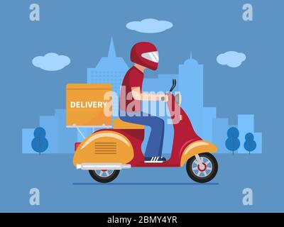 Mann mit Lieferservice auf einem Roller. Vektor-Illustration eines Zeichentrickfigur Kurier Mann in einem Motorradhelm liefert Essen auf einem Roller um die CI Stock Vektor