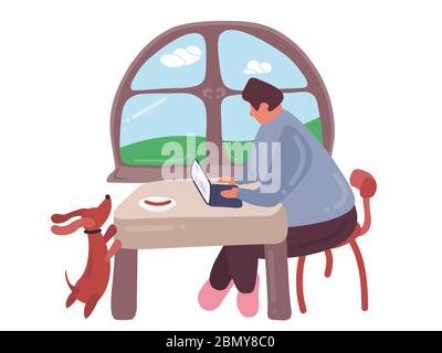 Cartoon Geschäftsmann sitzt vor seinem Laptop zu Hause während der Quarantäne. Sein Hund versucht, Steak Essen, bleiben Sie sicher Konzept. Vektorgrafik i Stock Vektor