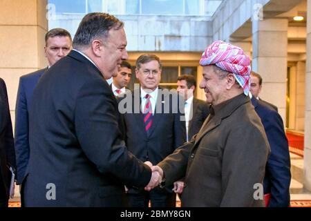 Minister Pompeo trifft den designierten Premierminister Masoud Barzani der US-Außenminister Michael R. Pompeo trifft am 9. Januar 2019 in Erbil im Irak den designierten Premierminister der kurdischen Regionalregierung Masoud Barzani. Stockfoto