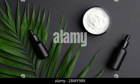Flache Lay-Komposition mit schwarzen Aromaölflaschen, Körpercreme und Palmenblättern auf schwarzem Hintergrund. SPA natürliche Bio-Beauty-Produkte, Hautpflege Co Stockfoto
