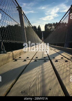Niedrige Winkelansicht der Besucher, die über die Geierlay Hängebrücke im Hunsrück laufen Stockfoto