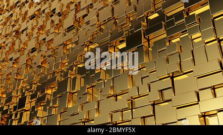 Goldene Würfel auf gelbem Hintergrund. 3D Render Geometrisches Konzept mit zufällig extrudierten Boxen. Vorlage für Bewegungsdesign. Futuristischer Hintergrund. Stockfoto