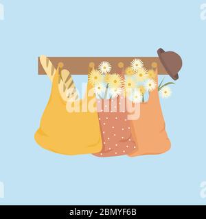 Einkaufstaschen mit Blumen, Baguette und Hut. Niedliche Feder Vektor flache Illustration. Bouquest von Gänseblümchen in der gelben Einkaufstasche auf blauem Hintergrund Stock Vektor