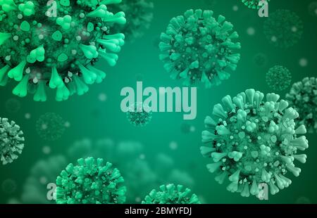 COVID - 19, Coronavirus 3D Modell. Mikroskop-Virus close up 2019-NCoV Neues Coronavirus-Konzept Asiatische Grippe Ausbruch & Coronaviren Influenza als Gefahr. Stockfoto