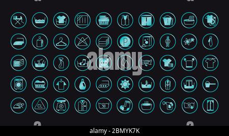 Textilpflege Symbole Symbol auf schwarzem Hintergrund, Verlauf Stil, Vektor-Illustration gesetzt Stock Vektor