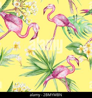 Tropischer Flamingo und Plumeria Blumen nahtlose Muster Stockfoto