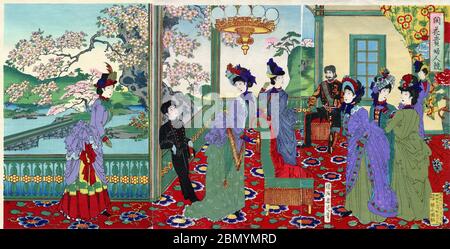 [ 1880er Jahre Japan - Japanische Frauen in Westernkleidung ] - Ukiyoe Holzblock Triptychon der japanischen Frauen in Westernkleidung beobachten Kirschblüte. Veröffentlicht im September 1887 (Meiji 20). Ursprünglicher japanischer Titel: '開花貴婦人競'. 19. Jahrhundert Vintage Ukiyoe Holzschnitt. Stockfoto