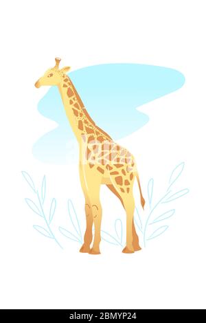 Gelbe Giraffe auf weißem Hintergrund. Tier Cartoon Grußkarte. Afrikanische Vorlage Vektor-Illustration. Camelopard flache Zeichen isoliert Postkarte. Wildlife Kinder drucken Kunst. Stock Vektor