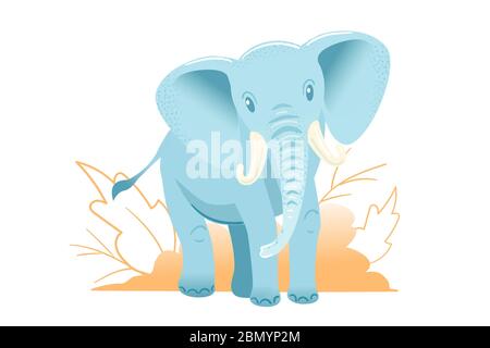 Blaues Elefant-Kartendesign. Kind liebenswert Illustration im Cartoon-Stil. Afrikanisches Tier Charakter isoliert auf weißem Hintergrund. Kinder Wildlife Postkarte in Pastellfarben. Lustige Zeichnung Vektor. Stock Vektor
