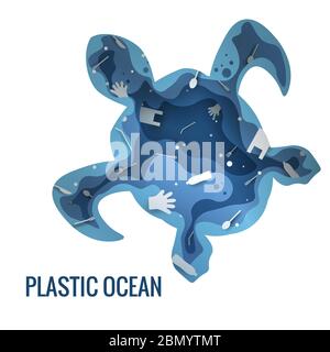 Kunststoff Müll Planet Verschmutzung Konzept Vektor Illustration. Schildkröte marine Säugetier Umriss mit Kunststoff Abfall 3d-Symbol gefüllt. Zero Waste Konzept, Mikrop Stock Vektor
