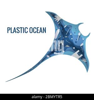 Kunststoff Müll Planet Verschmutzung Konzept Vektor Illustration. Sea Stingray marine Säugetier Umriss mit Kunststoff Abfall 3d-Symbol gefüllt. Zero Waste Konzept, Stock Vektor