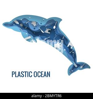 Kunststoff Müll Planet Verschmutzung Konzept Vektor Illustration. Delfin marine Säugetier Umriss mit Kunststoff Abfall 3d-Symbol gefüllt. Zero Waste Konzept, Mikro Stock Vektor