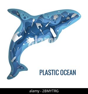 Kunststoff Müll Planet Verschmutzung Konzept Vektor Illustration. Killer Wal marine Säugetier Umriss mit Kunststoff Abfall 3d-Symbol gefüllt. Zero Waste Konzept, Stock Vektor