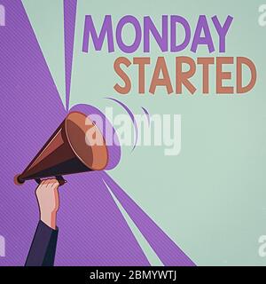 Textschild mit Montag begonnen. Geschäftsfoto zeigt immer bereit für die neue Woche Ruhe ist vorbei Lets Start Arbeit Hu Analyse Hand hält mich nach oben Stockfoto