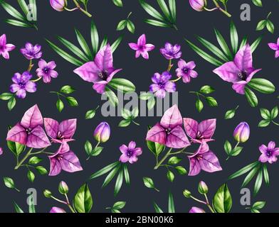 Aquarell tropisch nahtlose Muster. Bougainvillea Blüten, Orchideen und Palmenblätter auf dunkelgrau isoliert. Botanical Hand gezeichnet floralen Hintergrund für Stockfoto