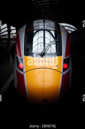 Vorderansicht des LNER Azuma Hochgeschwindigkeitszugfahrrades Austausch Stockfoto