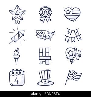 Juli Symbol gesetzt. USA Independence Day Hand gezeichnet Doodle Icons isoliert auf weißem Hintergrund. Hand zeichnen Cartoon Stil traditionelle Vereinigte Staaten Stock Vektor