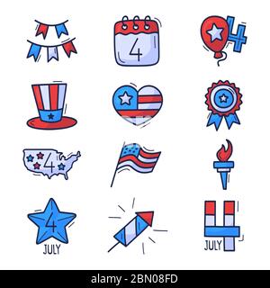 Juli Symbol gesetzt. USA Independence Day Hand gezeichnet Doodle Icons isoliert auf weißem Hintergrund. Hand zeichnen Cartoon Stil traditionelle Vereinigte Staaten Stock Vektor