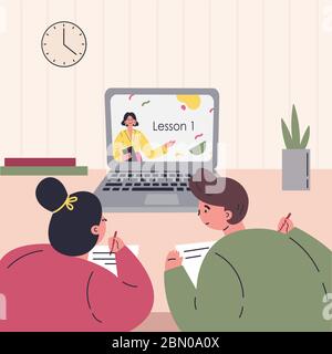 Online-Bildung.Kinder lernen Unterricht auf Laptop Stock Vektor