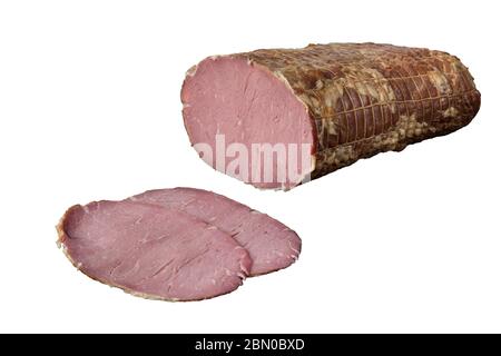 Geräuchertes Rinderbriset in Scheiben geschnitten, getrocknetes Fleisch. Türkischer Name; Rauch rauchte Dana Cotto, isoliert auf weißem Hintergrund. Stockfoto