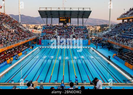 Schwimmbad im Olympischen Aquatic Centre Athen bei den Olympischen Sommerspielen 2004, Athen. Stockfoto