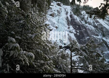 Shannon Falls Winter Ice BC. Shannon Falls im Winter gefroren. Gelegen in der Nähe von Squamish nördlich von Vancouver und neben Howe Sound. British Columbia, Kanada Stockfoto