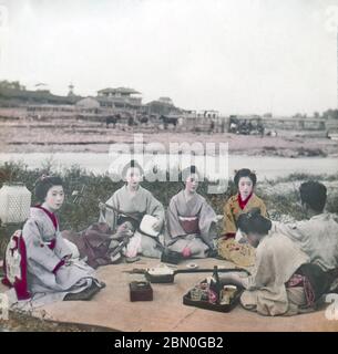 [ 1890er Japan - Geisha und Maiko in Kyoto ] - mehrere Maiko und Geisha sind unterhaltsam entlang des Kamogawa Flusses in Kyoto. Die Frau in der Mitte spielt den Shamisen. Vintage Albumin-Fotografie aus dem 19. Jahrhundert. Stockfoto