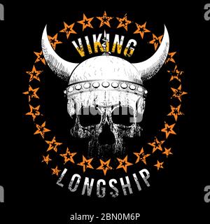 Vektor-Design für T-Shirt eines Totenkopfes mit wikingerhelm, mit einem Kreis von orangefarbenen Sternen auf schwarzem Hintergrund. Stock Vektor