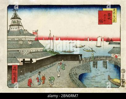 [ 1860er Jahre Japan - Tsukiji Hotel ] - Ukiyoe Holzschnitt des Tsukiji Hotels in der ausländischen Siedlung Tsukiji in Tokio. Der Druck ist Teil der Serie 36 Ansichten von Tokio (東京三十六景). Das Hotel wurde im westlichen Stil erbaut und 1868 eröffnet (Meiji 1). Es wurde 1872 durch einen Brand zerstört (Meiji 5). Das Hotel wird oft als Japans erstes Hotel im westlichen Stil bezeichnet. 19. Jahrhundert Vintage Ukiyoe Holzschnitt. Stockfoto